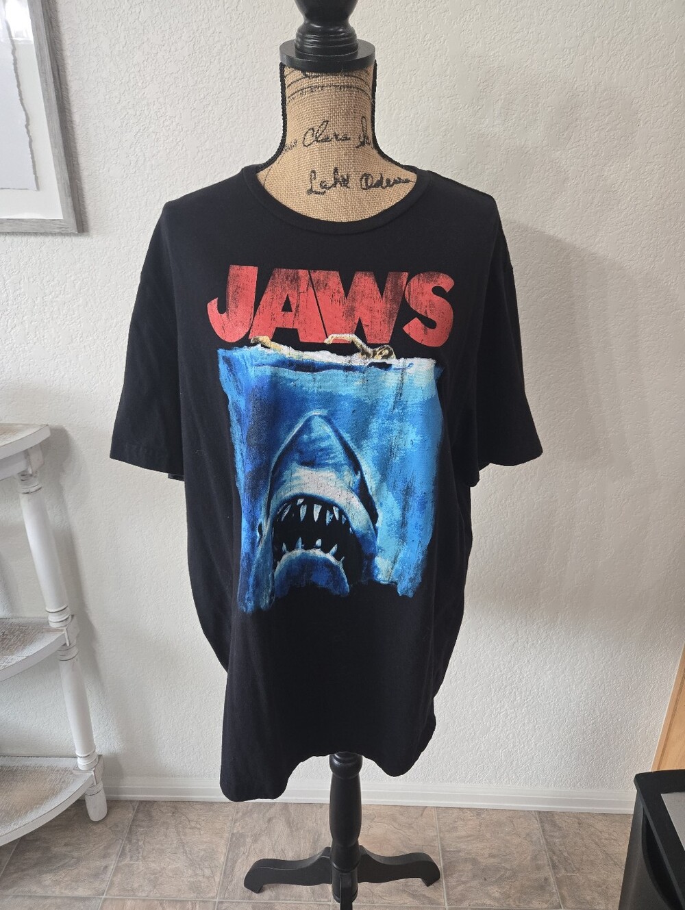 Jaws Graphic Black Short-Sleeve Tee with Blue Shark Artwork